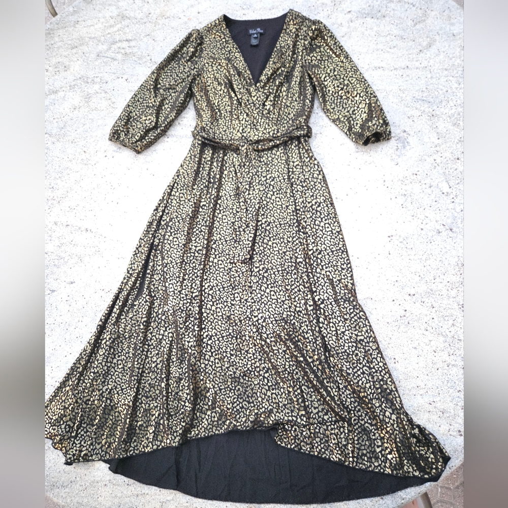 Velvet Fleur gold and black animal print long-sleeve surplice dress w/ waist tie